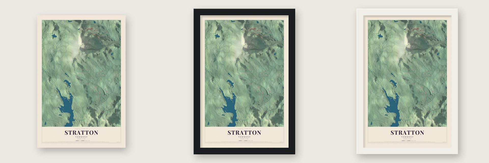 Stratton, Vermont map unframed, in a black wood frame and in a white wood frame