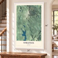 Stratton, Vermont map, 24 x 36 inch print in a white frame by a staircase