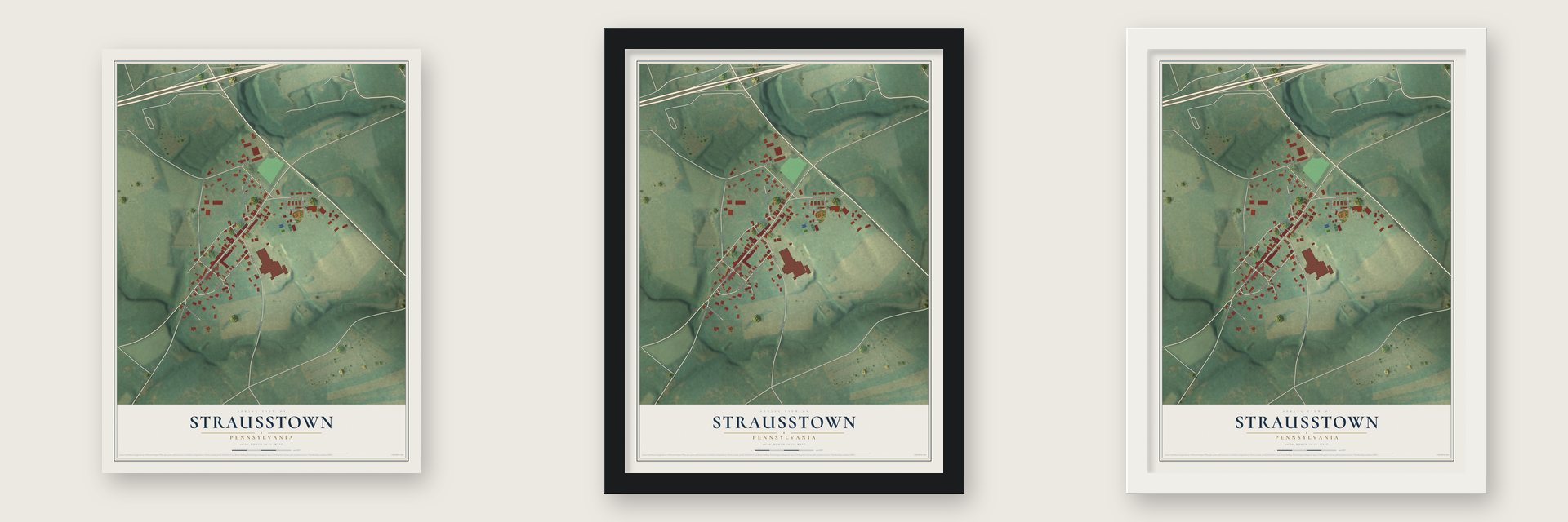 Strausstown, Pennsylvania map unframed, in a black wood frame and in a white wood frame