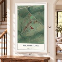 Strausstown, Pennsylvania map, 24 x 36 inch print in a white frame by a staircase