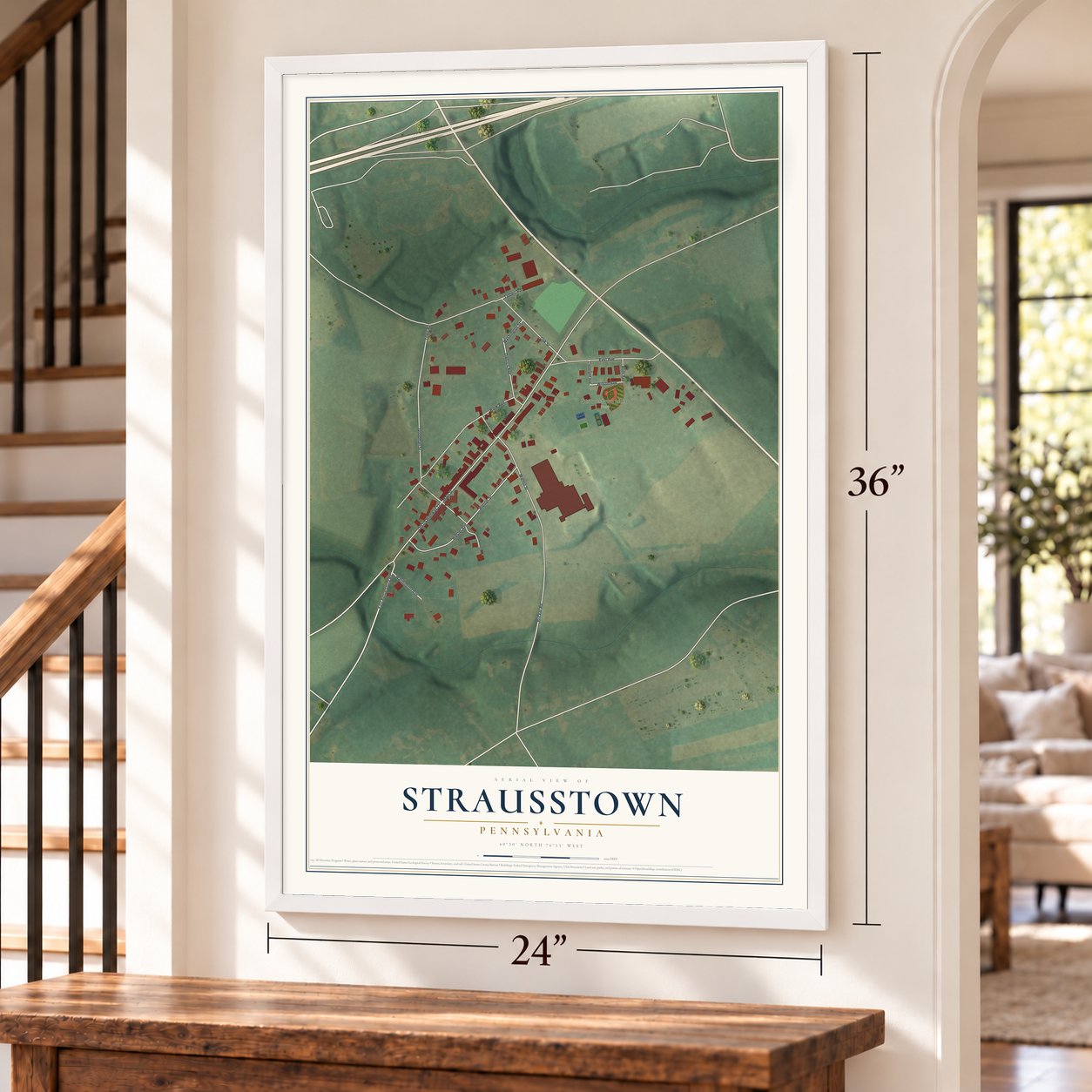 Strausstown, Pennsylvania map, 24 x 36 inch print in a white frame by a staircase