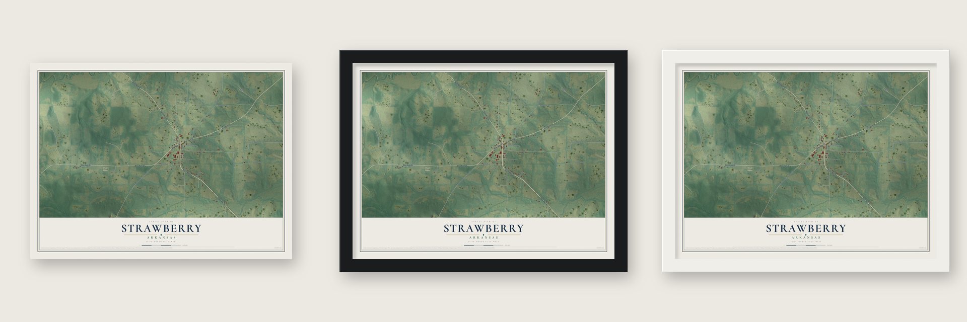 Strawberry, Arkansas map unframed, in a black wood frame and in a white wood frame