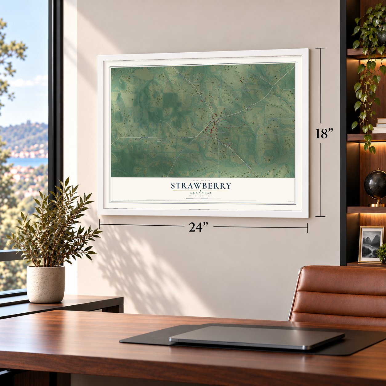 Strawberry, Arkansas map, 18 x 24 inch print in a white frame in a home office
