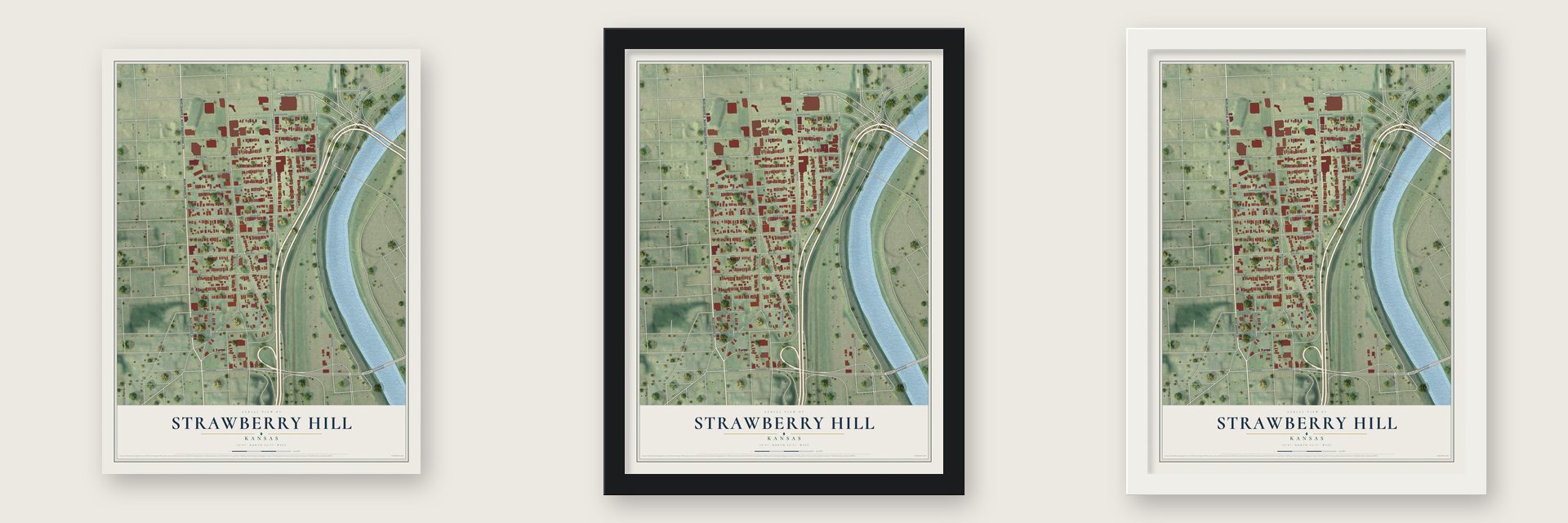 Strawberry Hill, Kansas map unframed, in a black wood frame and in a white wood frame