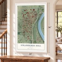 Strawberry Hill, Kansas map, 24 x 36 inch print in a white frame by a staircase