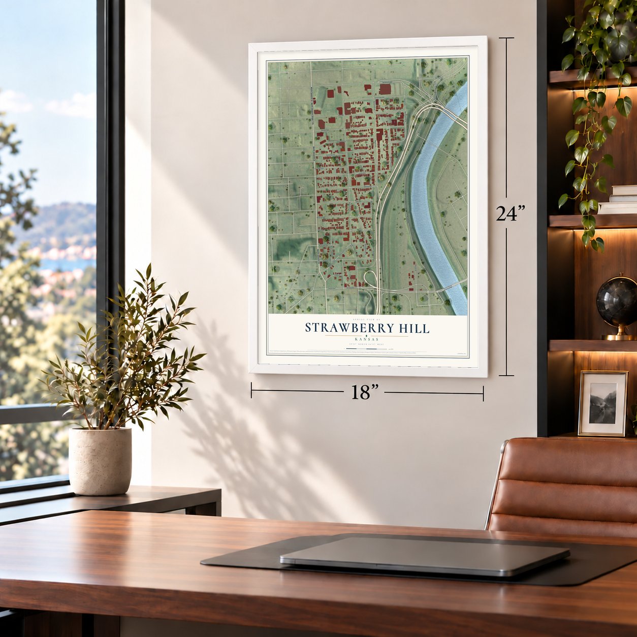 Strawberry Hill, Kansas map, 18 x 24 inch print in a white frame in a home office