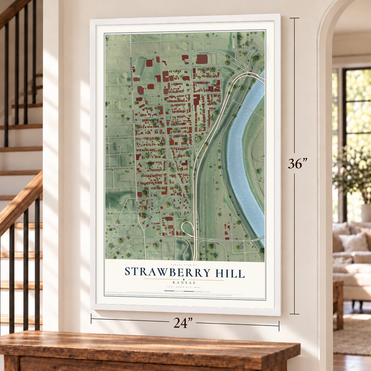 Strawberry Hill, Kansas map, 24 x 36 inch print in a white frame by a staircase