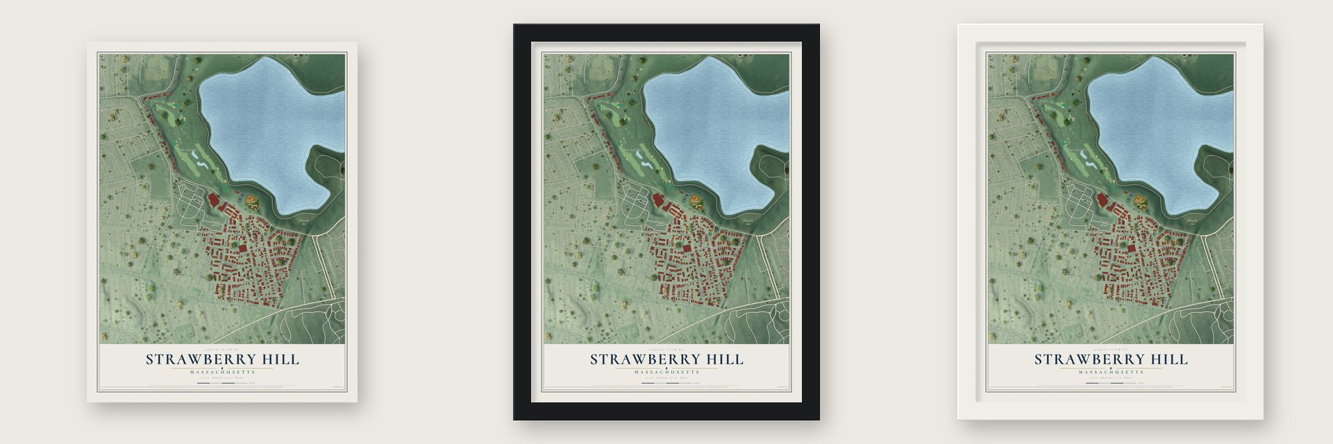 Strawberry Hill, Massachusetts map unframed, in a black wood frame and in a white wood frame