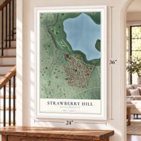 Strawberry Hill, Massachusetts map, 24 x 36 inch print in a white frame by a staircase