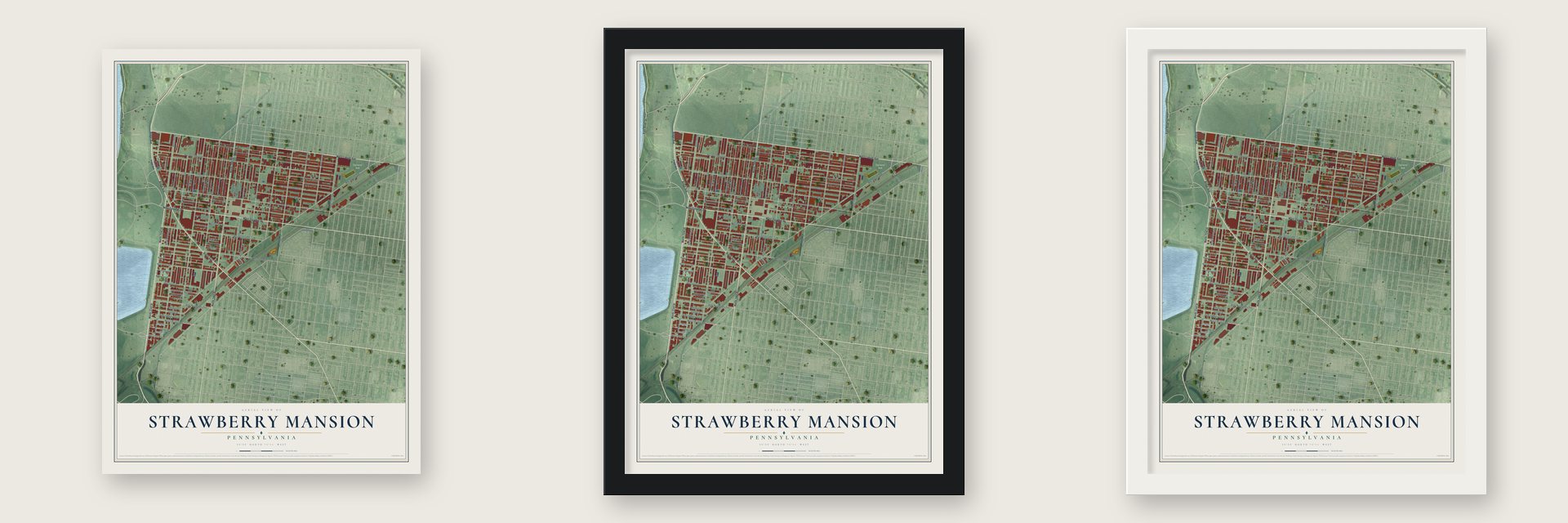 Strawberry Mansion, Pennsylvania map unframed, in a black wood frame and in a white wood frame