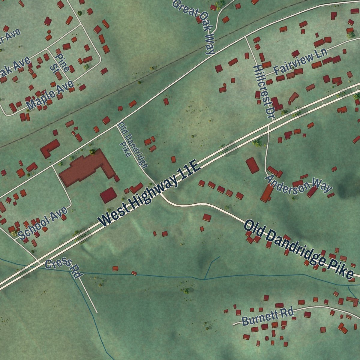 Second close-up of the map of Strawberry Plains, Tennessee print showing more streets and buildings