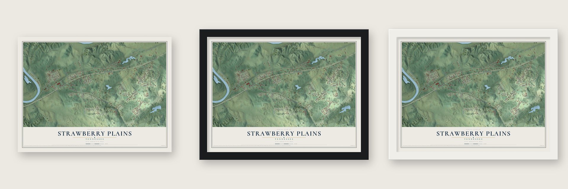 Strawberry Plains, Tennessee map unframed, in a black wood frame and in a white wood frame