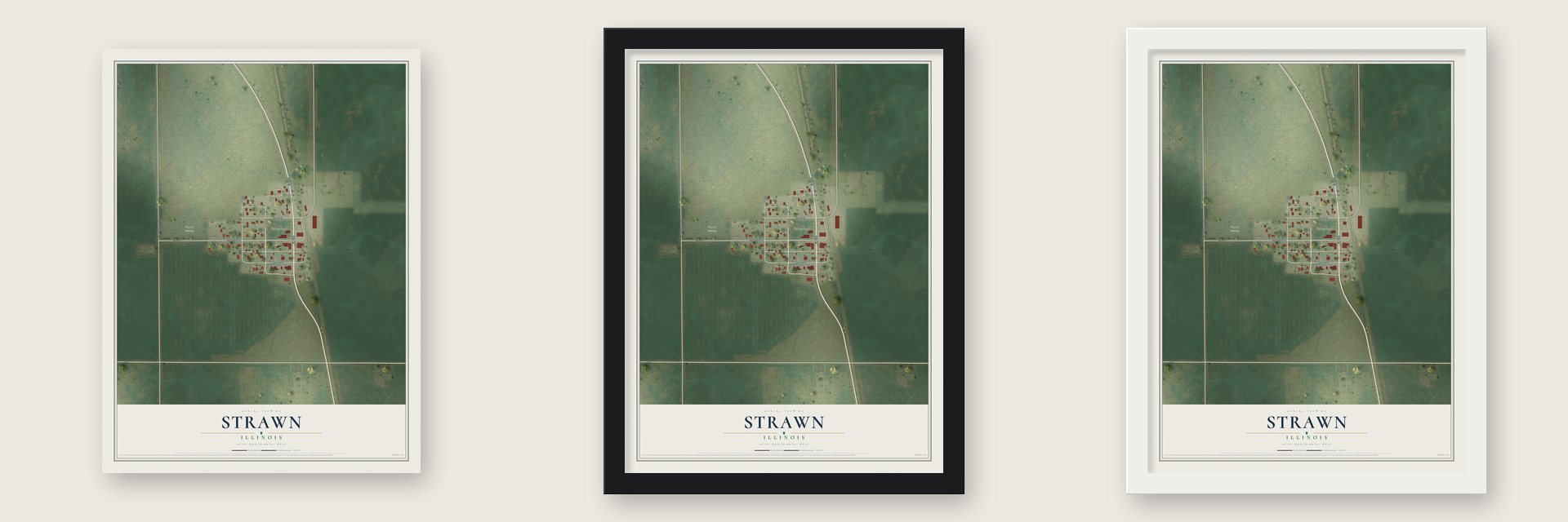 Strawn, Illinois map unframed, in a black wood frame and in a white wood frame