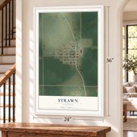 Strawn, Illinois map, 24 x 36 inch print in a white frame by a staircase
