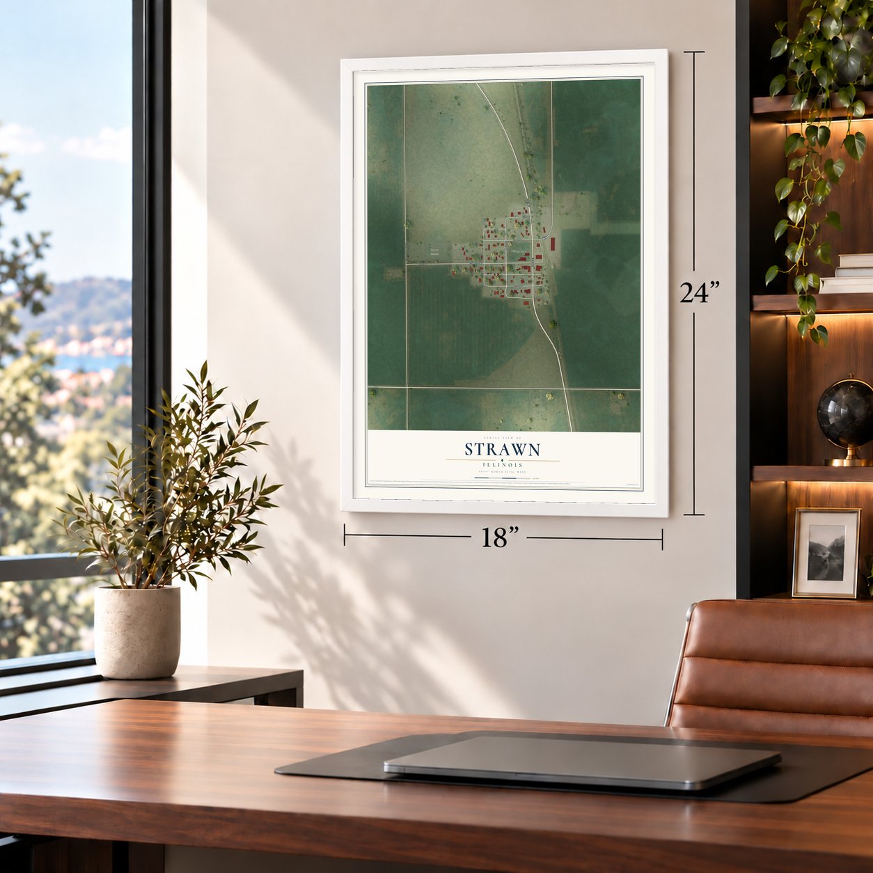 Strawn, Illinois map, 18 x 24 inch print in a white frame in a home office