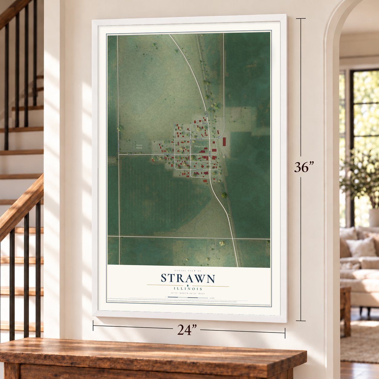 Strawn, Illinois map, 24 x 36 inch print in a white frame by a staircase