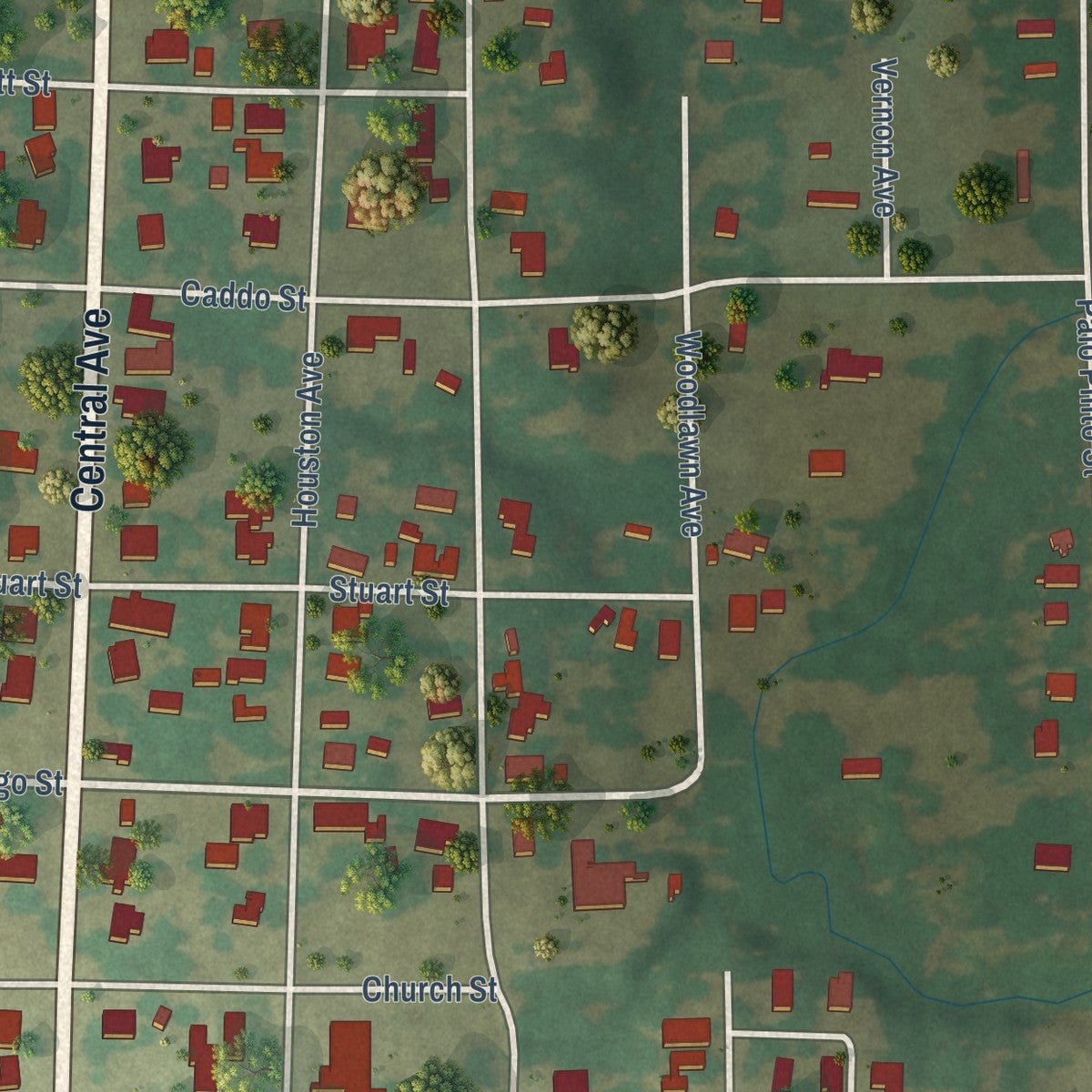Second close-up of the map of Strawn, Texas print showing more streets and buildings