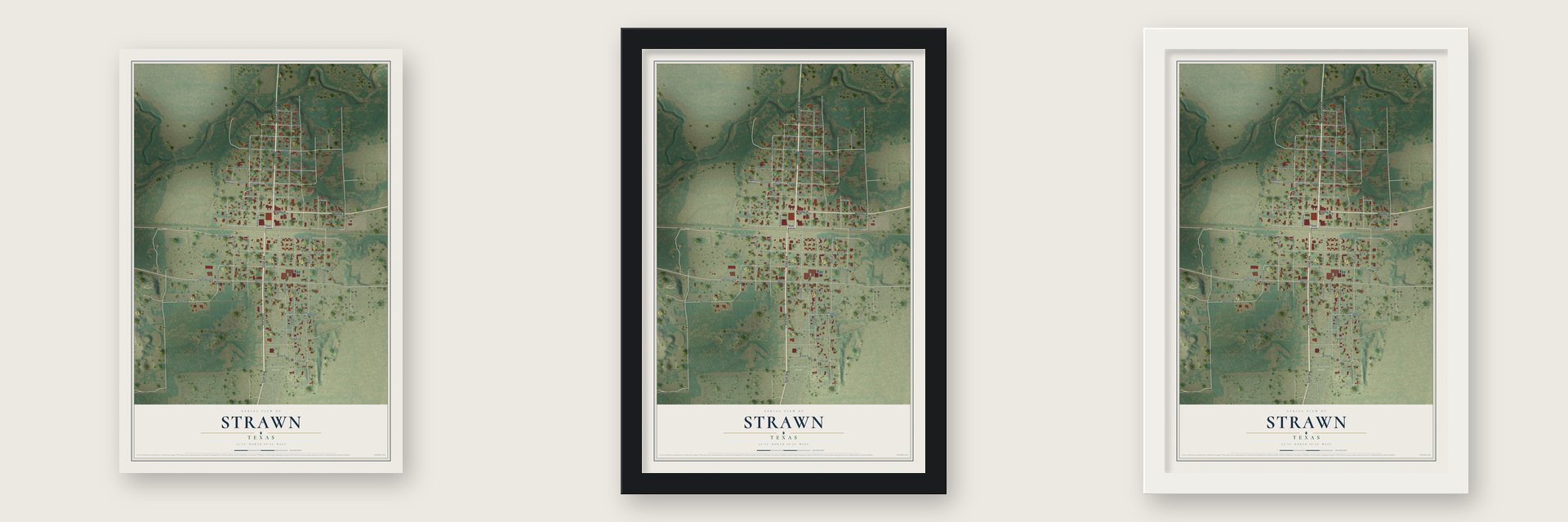 Strawn, Texas map unframed, in a black wood frame and in a white wood frame