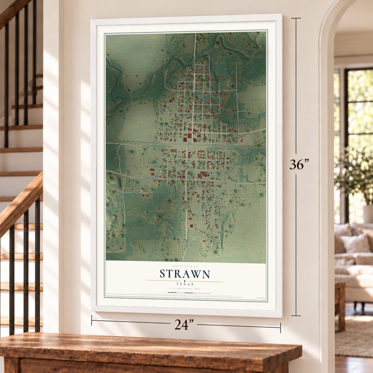 Strawn, Texas map, 24 x 36 inch print in a white frame by a staircase