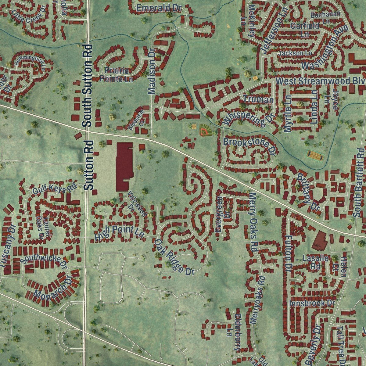 Second close-up of the map of Streamwood, Illinois print showing more streets and buildings