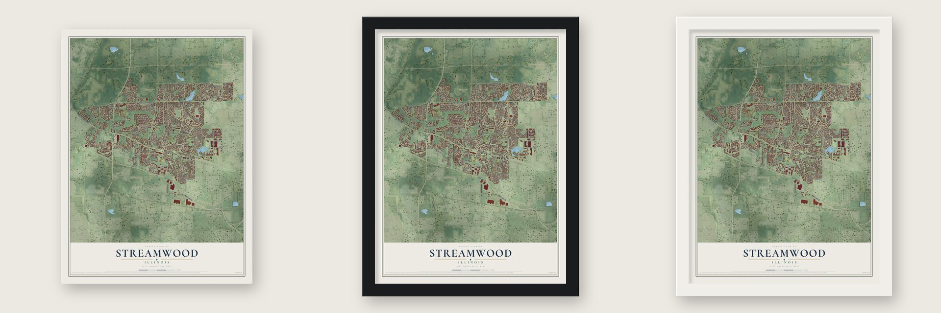 Streamwood, Illinois map unframed, in a black wood frame and in a white wood frame