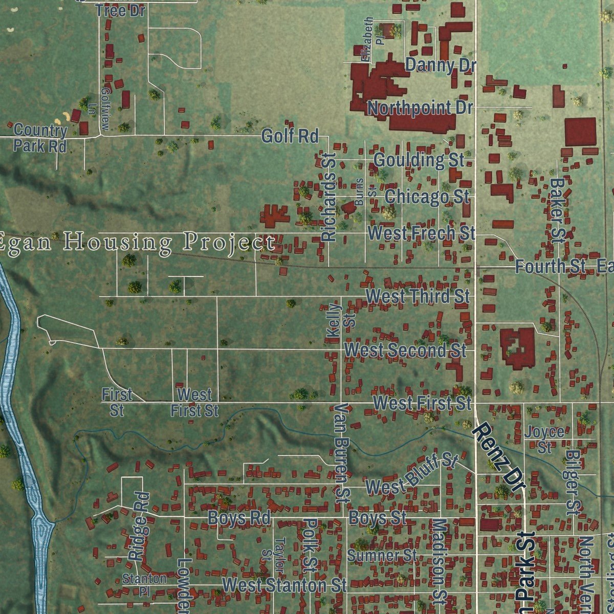 Second close-up of the map of Streator, Illinois print showing more streets and buildings