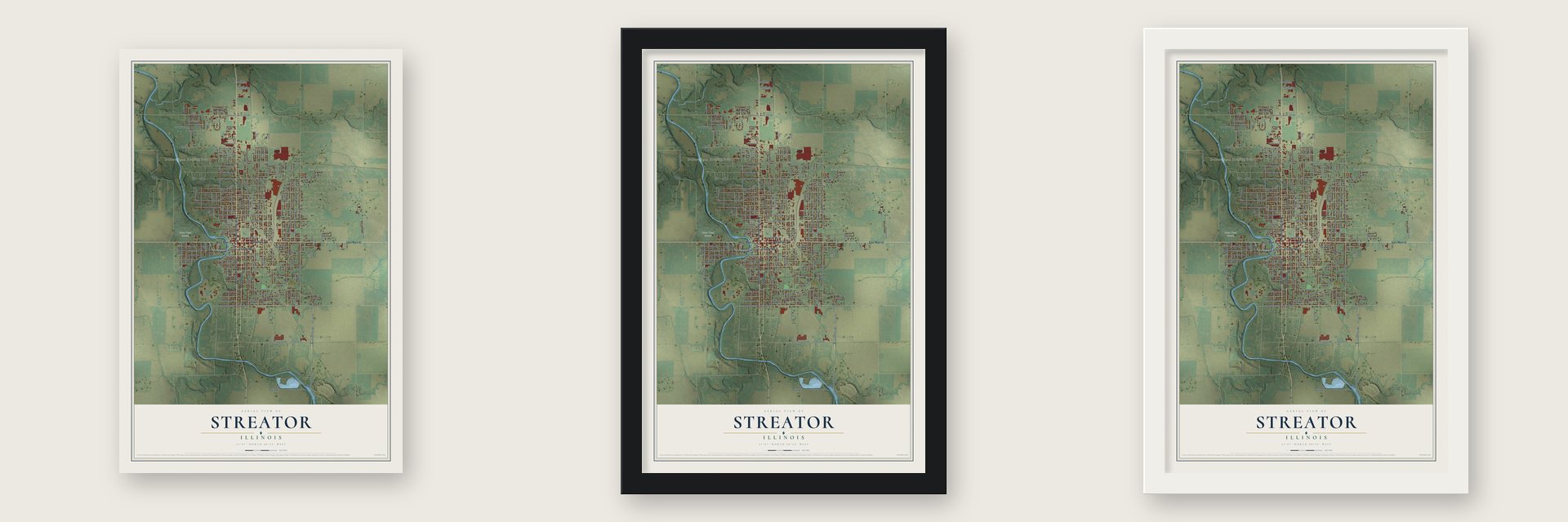 Streator, Illinois map unframed, in a black wood frame and in a white wood frame