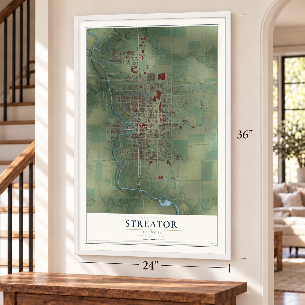 Streator, Illinois map, 24 x 36 inch print in a white frame by a staircase