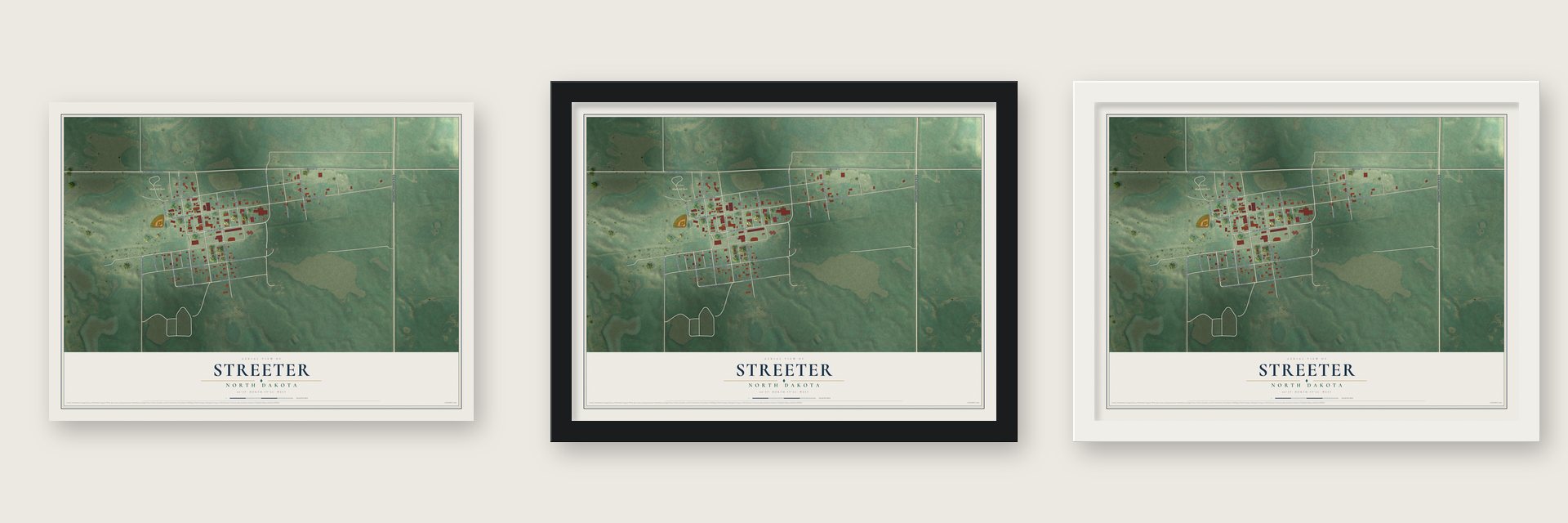 Streeter, North Dakota map unframed, in a black wood frame and in a white wood frame