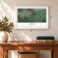 Streeter, North Dakota map, 12 x 18 inch print in a white frame in an entryway