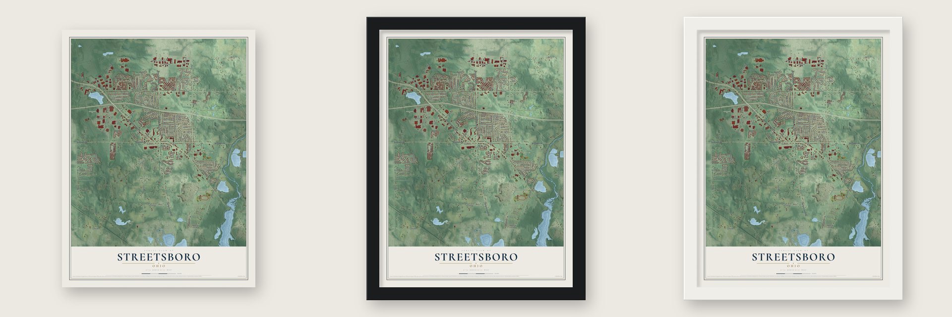 Streetsboro, Ohio map unframed, in a black wood frame and in a white wood frame