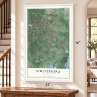 Streetsboro, Ohio map, 24 x 36 inch print in a white frame by a staircase