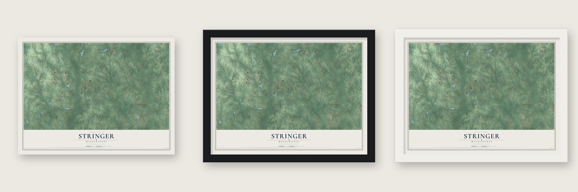 Stringer, Mississippi map unframed, in a black wood frame and in a white wood frame