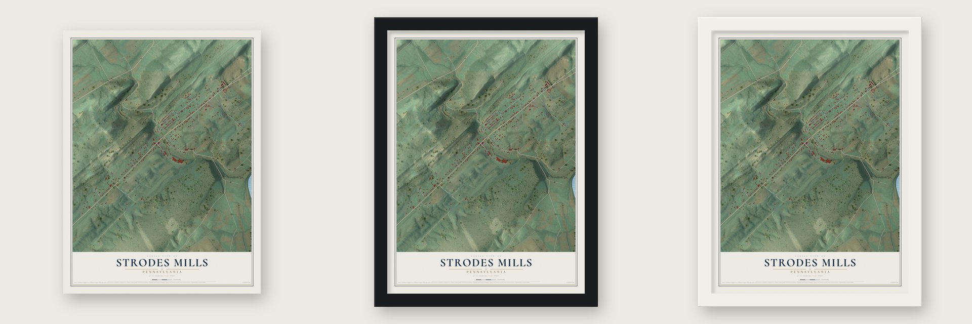 Strodes Mills, Pennsylvania map unframed, in a black wood frame and in a white wood frame