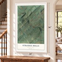 Strodes Mills, Pennsylvania map, 24 x 36 inch print in a white frame by a staircase