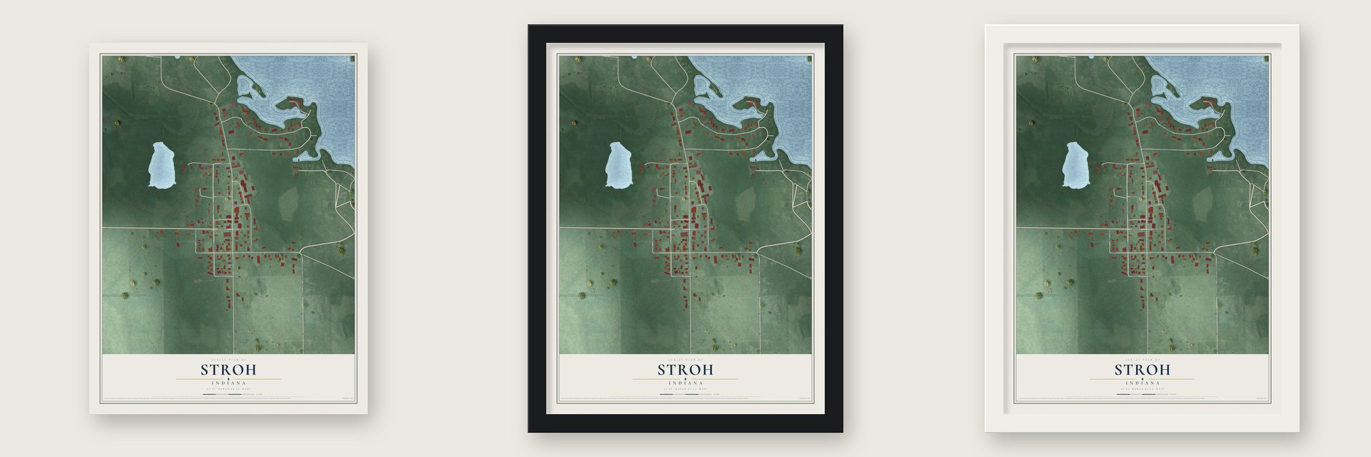 Stroh, Indiana map unframed, in a black wood frame and in a white wood frame