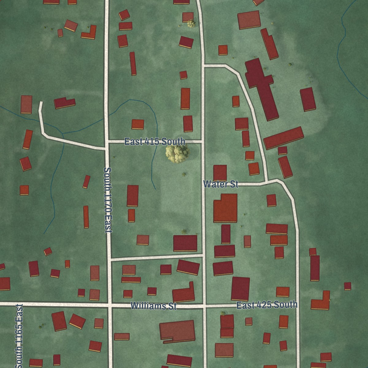 Second close-up of the map of Stroh, Indiana print showing more streets and buildings
