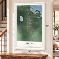 Stroh, Indiana map, 24 x 36 inch print in a white frame by a staircase