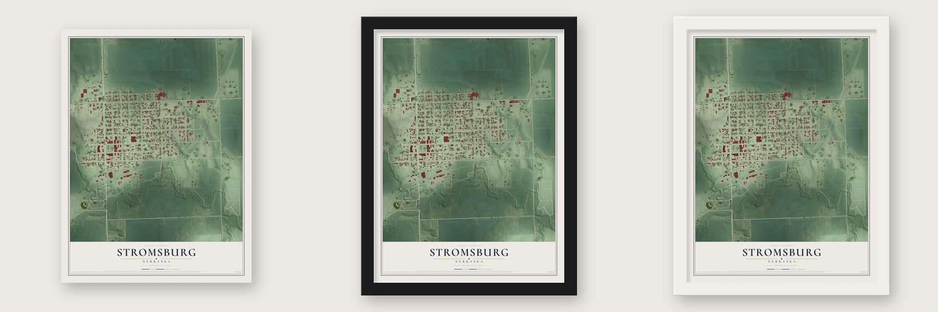 Stromsburg, Nebraska map unframed, in a black wood frame and in a white wood frame