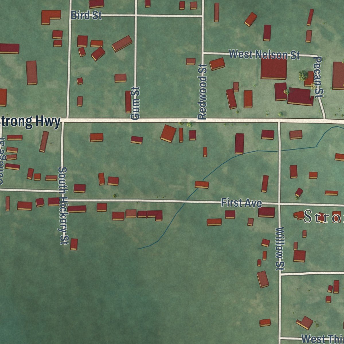 Second close-up of the map of Strong, Arkansas print showing more streets and buildings