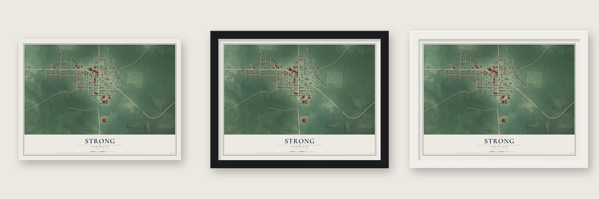 Strong, Arkansas map unframed, in a black wood frame and in a white wood frame