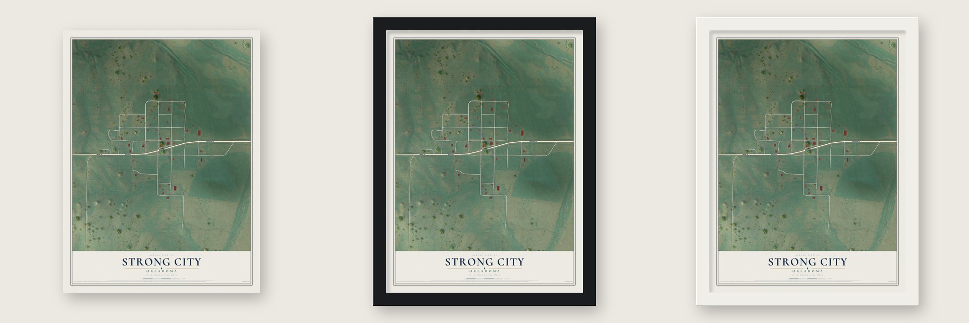 Strong City, Oklahoma map unframed, in a black wood frame and in a white wood frame