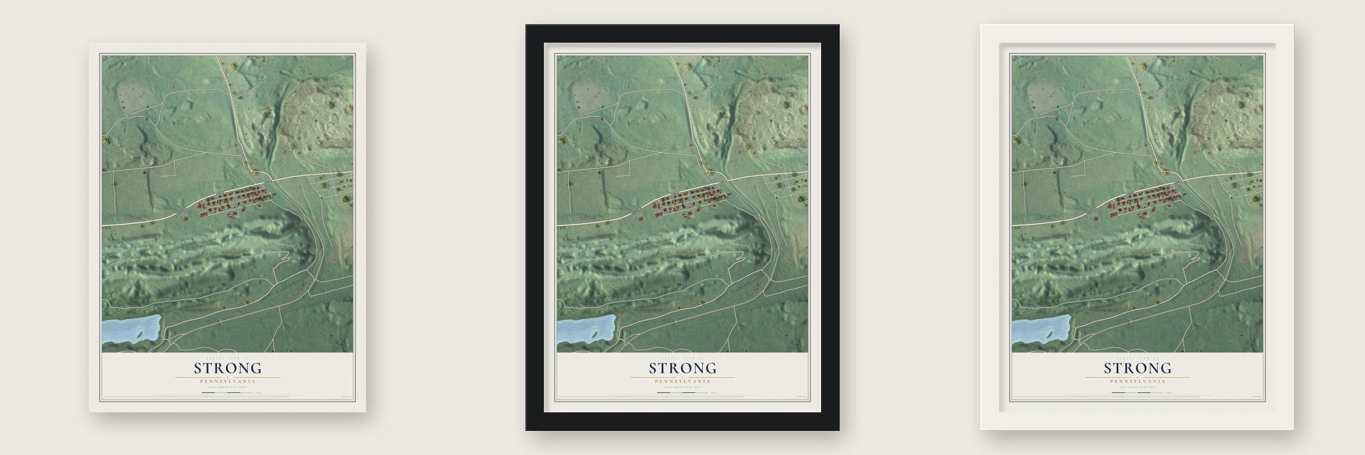 Strong, Pennsylvania map unframed, in a black wood frame and in a white wood frame