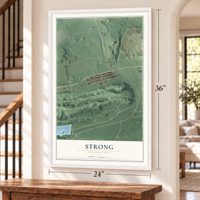 Strong, Pennsylvania map, 24 x 36 inch print in a white frame by a staircase