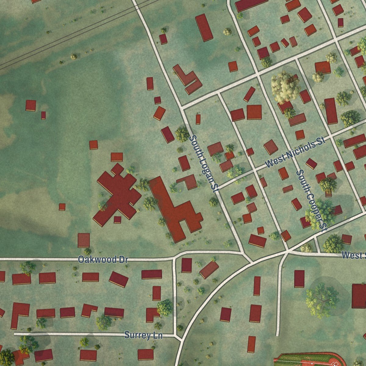 Second close-up of the map of Stronghurst, Illinois print showing more streets and buildings