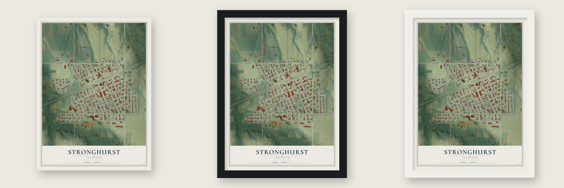 Stronghurst, Illinois map unframed, in a black wood frame and in a white wood frame