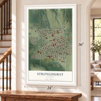 Stronghurst, Illinois map, 24 x 36 inch print in a white frame by a staircase