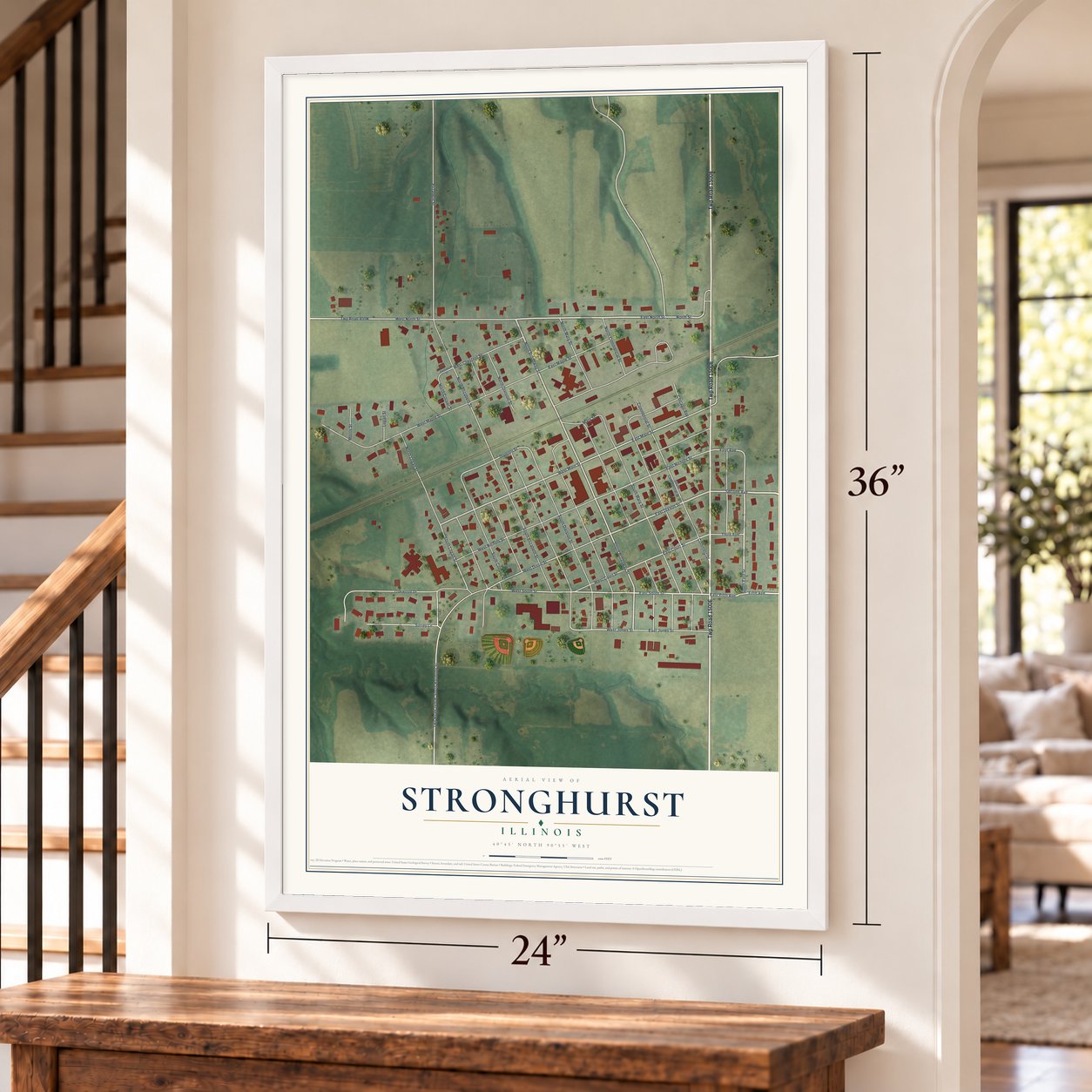 Stronghurst, Illinois map, 24 x 36 inch print in a white frame by a staircase
