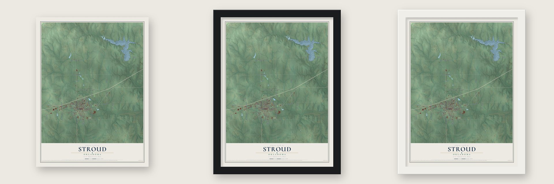 Stroud, Oklahoma map unframed, in a black wood frame and in a white wood frame
