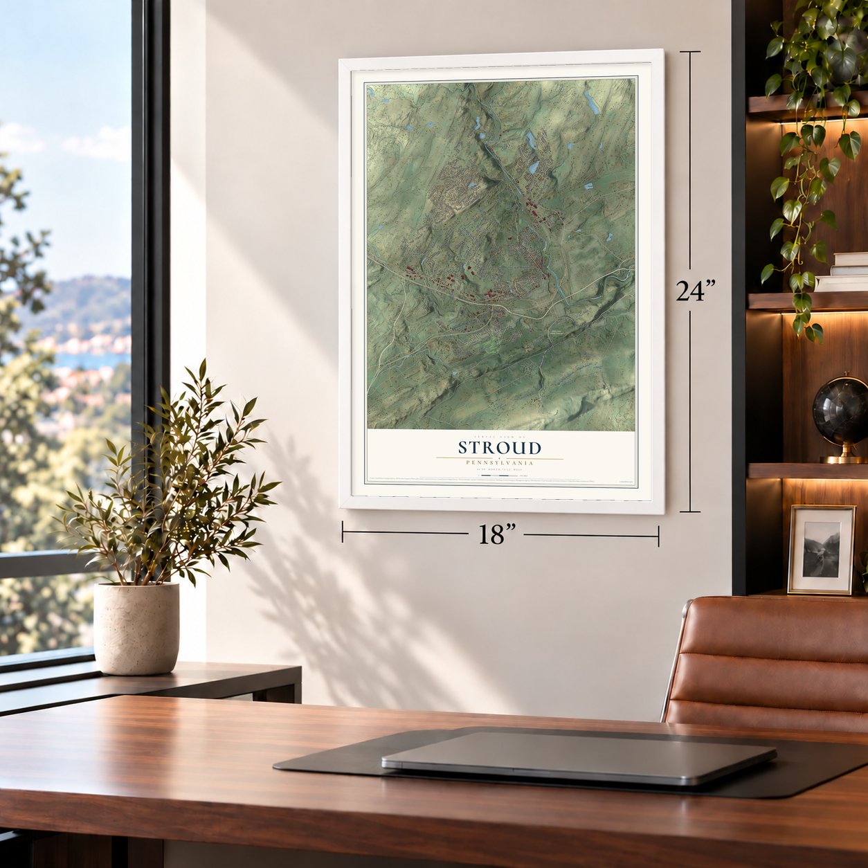 Stroud, Pennsylvania map, 18 x 24 inch print in a white frame in a home office